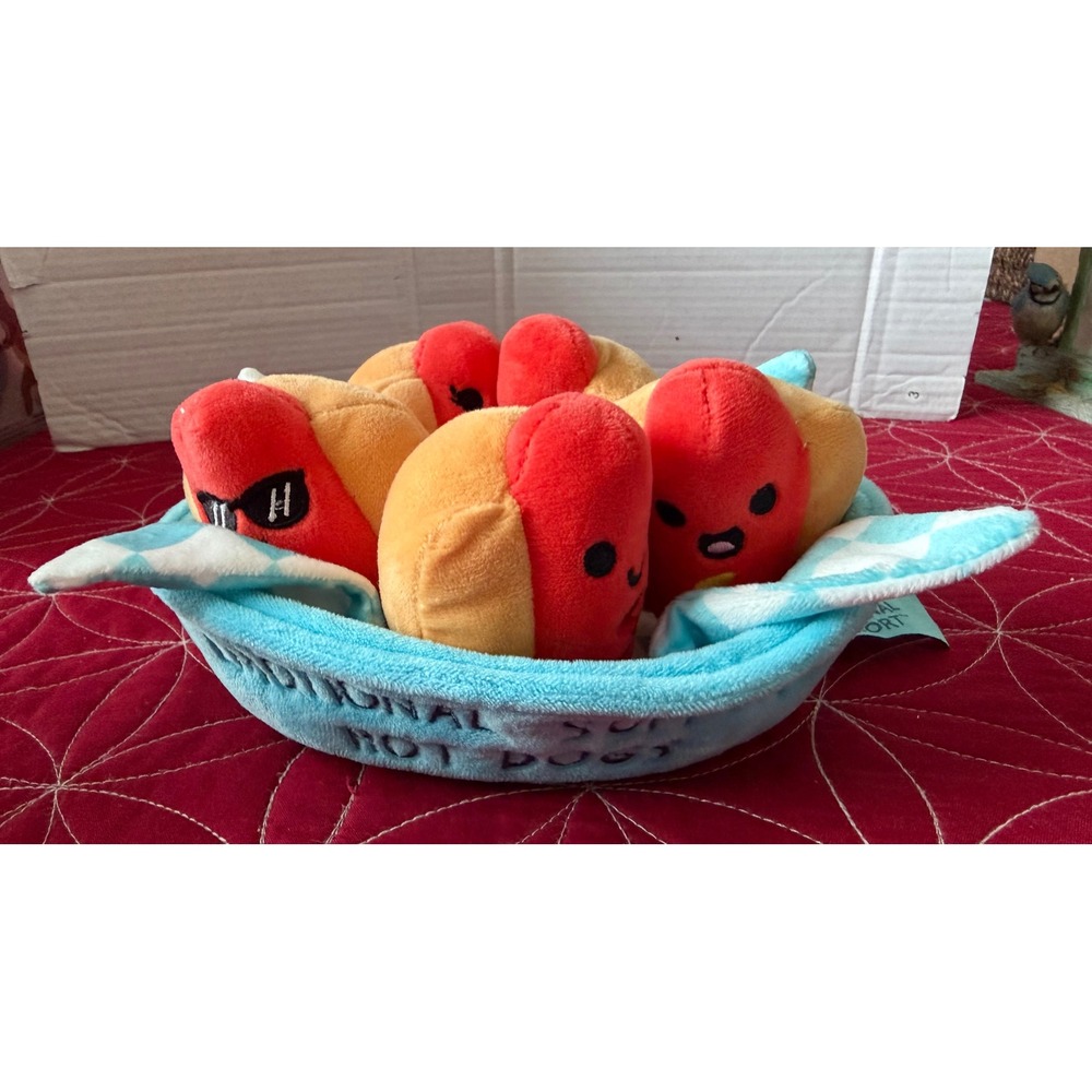 Emotional Support Hot‎ Dogs Plush Toy Set 5 Piece Soft Food Pillow Blue Basket
